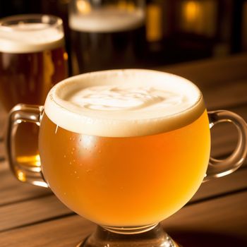 glass of beer sitting on top of a wooden table next to another glass of beer on a table