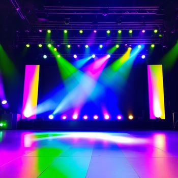 stage with lights and a lot of colored lights on it's sides and a floor with a pattern of lights