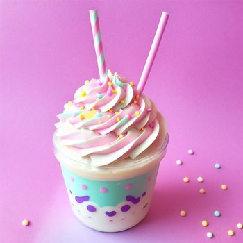 cup of ice cream with sprinkles and two straws on top of it on a pink background