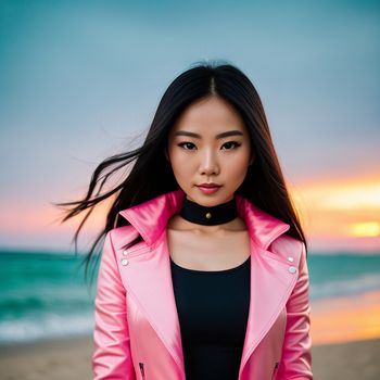 woman in a pink jacket standing on a beach at sunset with her hair blowing in the wind and a body of water in the background