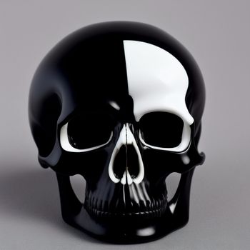 black and white skull with a black face and a white nose and mouth is shown in the image