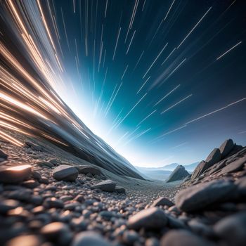 star trail is seen over a rocky landscape with rocks and boulders on the ground and a mountain in the distance