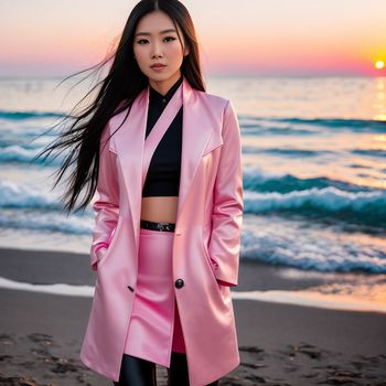 woman in a pink coat standing on a beach at sunset with waves crashing in the background and a pink sky