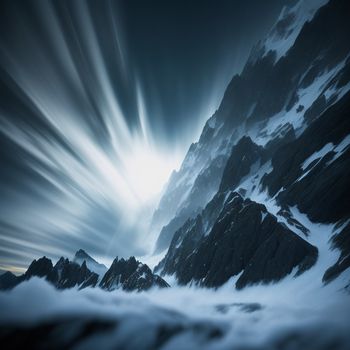 mountain with a very long exposure of clouds in the sky above it and a mountain range in the background