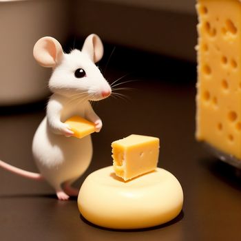 mouse is eating a piece of cheese on a table next to a piece of cheese on a plate