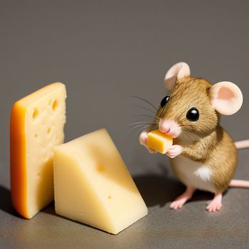 mouse eating a piece of cheese next to a piece of cheese on a table with a mouse on it