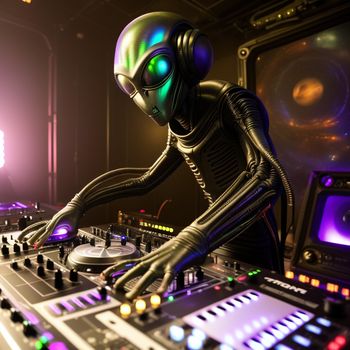 dj in a futuristic suit mixing music in a club or nightclub with a dj mixer and sound board