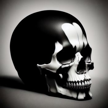 black and white photo of a skull with a crown on it's head and a shadow on the wall