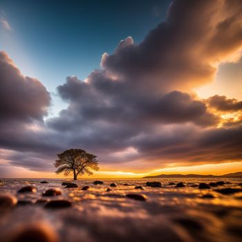 lone tree is silhouetted against a cloudy sky at sunset on the beach of a rocky shore with low tide