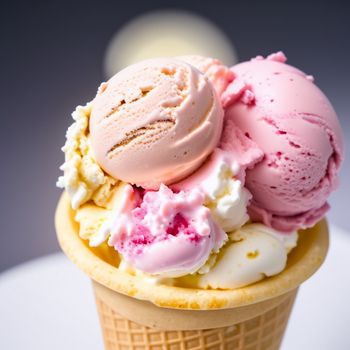 scoop of ice cream with pink and white toppings on top of it in a cone on a table