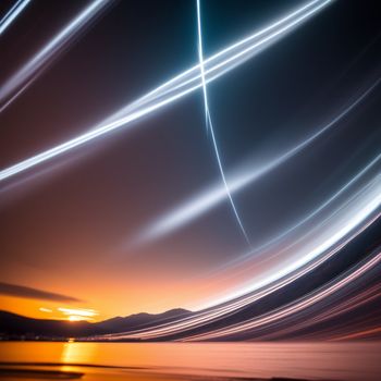 long exposure of a sunset with a plane flying over the water and a mountain in the distance with a long exposure of light