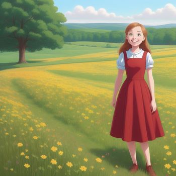 girl in a red dress standing in a field of flowers with a tree in the background and a field of yellow flowers