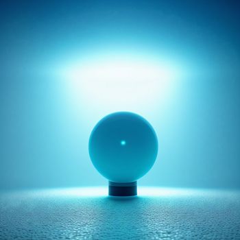 blue ball sitting on top of a table in a room with a light coming through it and a blue background