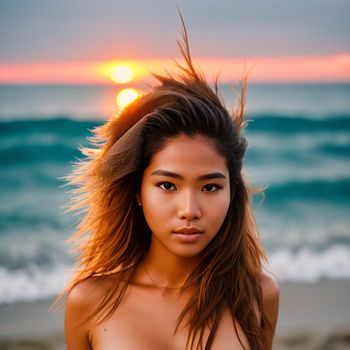 woman with long hair standing on a beach at sunset with the sun in the background and the ocean in the foreground