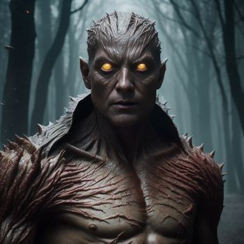 man with yellow eyes and a costume on in a forest with trees and fogs in the background