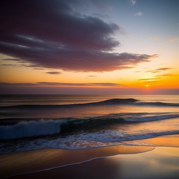 sunset over the ocean with waves coming in to shore and a person walking on the beach in the distance