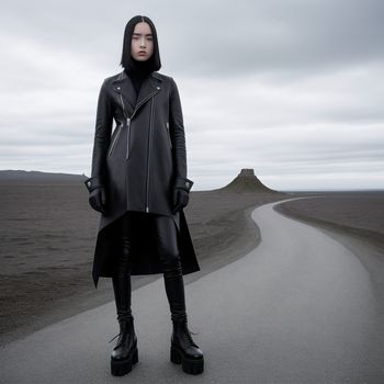 woman in a black coat and boots standing on a road in the middle of nowhere with a mountain in the background