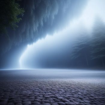 large tree in a foggy forest with a sky background and a stone floor in the foreground