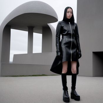 woman in a black leather dress and boots standing in front of a building with a sculpture in the background