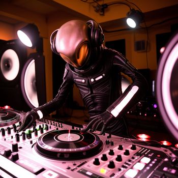 dj in a space suit mixing music on a turntable with headphones on and a pair of speakers