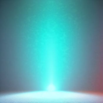 blue and green light shining in the middle of a room with a white floor and a red wall