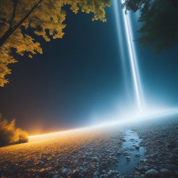 very tall beam of light shining over a field of rocks and trees at night time with a bright light shining on the horizon