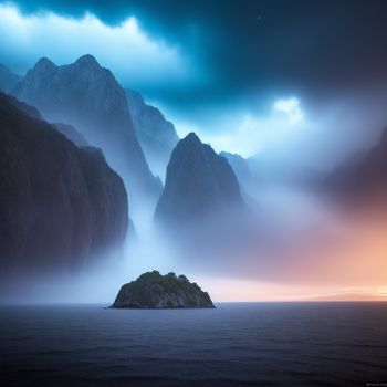 rock formation in the middle of a body of water with mountains in the background at night time with a full moon