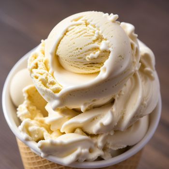 cup of ice cream with a scoop of vanilla ice cream on top of it on a table top