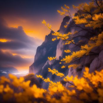 tree with yellow leaves in front of a mountain with clouds in the sky and a sunset in the background