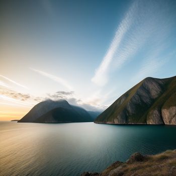 large body of water surrounded by mountains and clouds in the sky at sunset or dawn with a few clouds in the sky