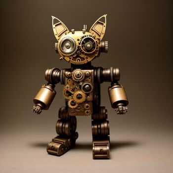 robot made of metal with a cat face on it's head and gears on its body