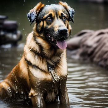 dog sitting in a body of water with its tongue out and tongue out