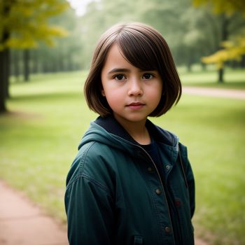 young girl standing in a park with trees in the background and a path leading to the park with a bench