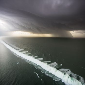 large body of water under a cloudy sky with a large wave coming in from the ocean and a large white line in the middle of the water