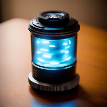 blue light is on top of a black device on a table with a wooden surface in the background