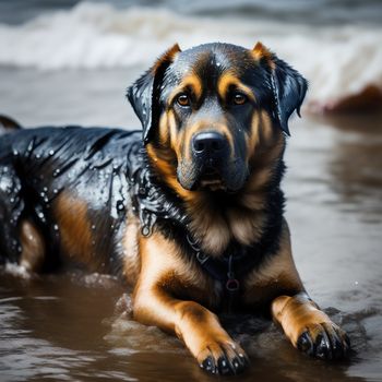 dog is laying in the water with his head out of the water and it is wet and has his eyes closed