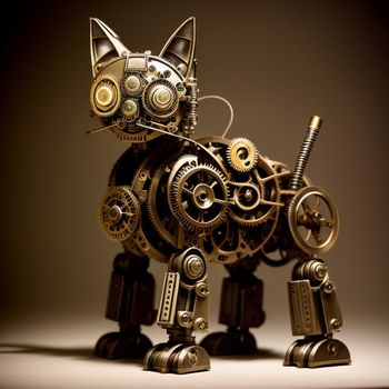 cat made out of gears and a key chain on a table top with a brown background and a black background