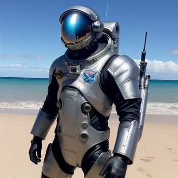 man in a space suit holding a rifle on a beach near the ocean with a sky background and a blue sky