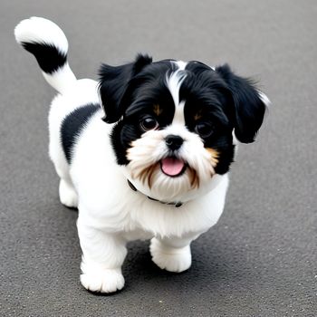 small black and white dog standing on a street with its tongue out and tongue out