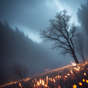 field with a tree and some lights in the grass and fog in the background and a few trees