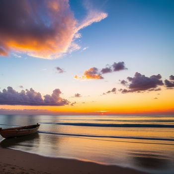 boat sitting on top of a beach under a cloudy sky at sunset with the sun setting behind the clouds