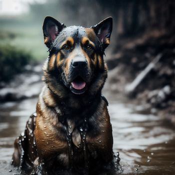 dog is sitting in the water and smiling at the camera while it is raining and it is wet