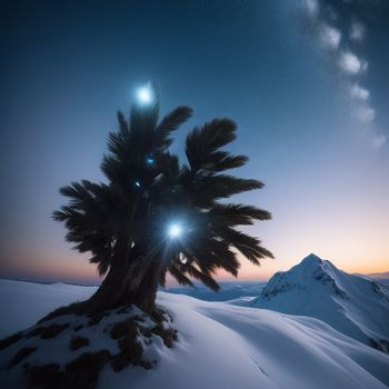 palm tree in the middle of a snowy mountain range at night with a bright light shining on it