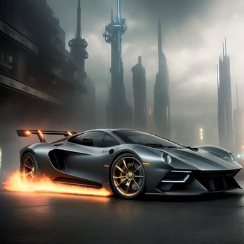 silver sports car with flames coming out of it's tires in a city at night time with fog