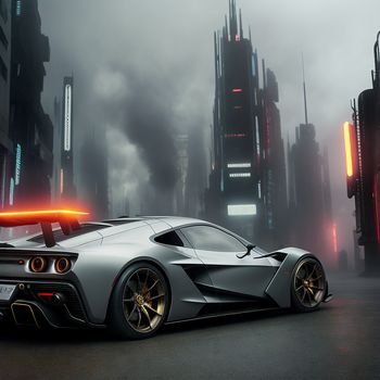 futuristic car in a city with neon lights on the side of it and a city in the background