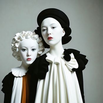 couple of statues of women standing next to each other on a table top with a gray background behind them