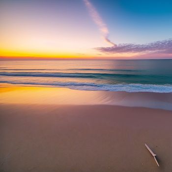 surfboard laying on the beach at sunset with a wave coming in to shore and a bright orange sky