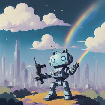 robot holding a gun and a rainbow in the sky above a cityscape with clouds and a rainbow