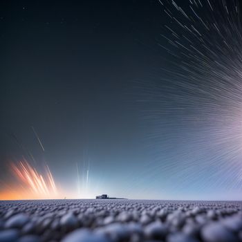 view of a sky with a star trail in the middle of it and a building in the distance