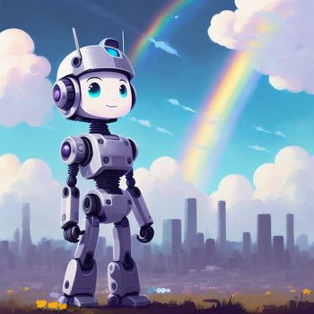 robot standing in front of a rainbow in the sky with a city in the background and a rainbow in the sky